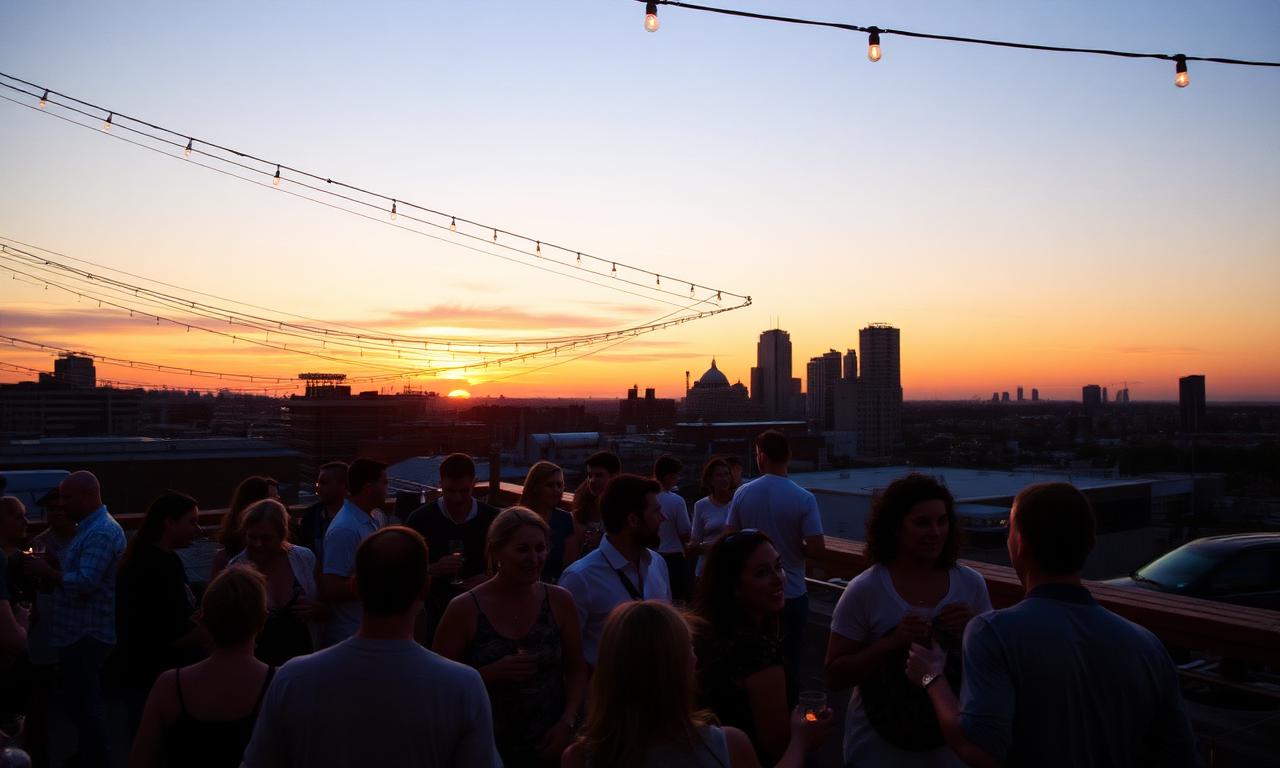 Guests at a rooftop event sharing the night together